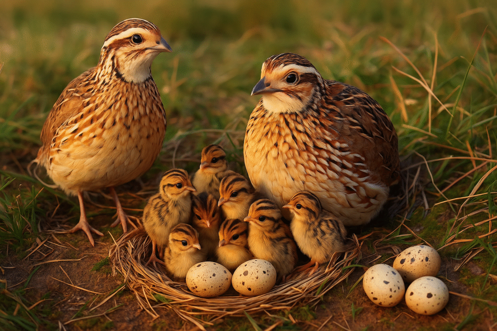 golden hour with quail family